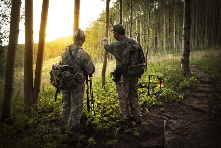 Two bow hunters in full camouflage walking through hunting land toward their tree stand, surrounded by tall trees and natural vegetation.