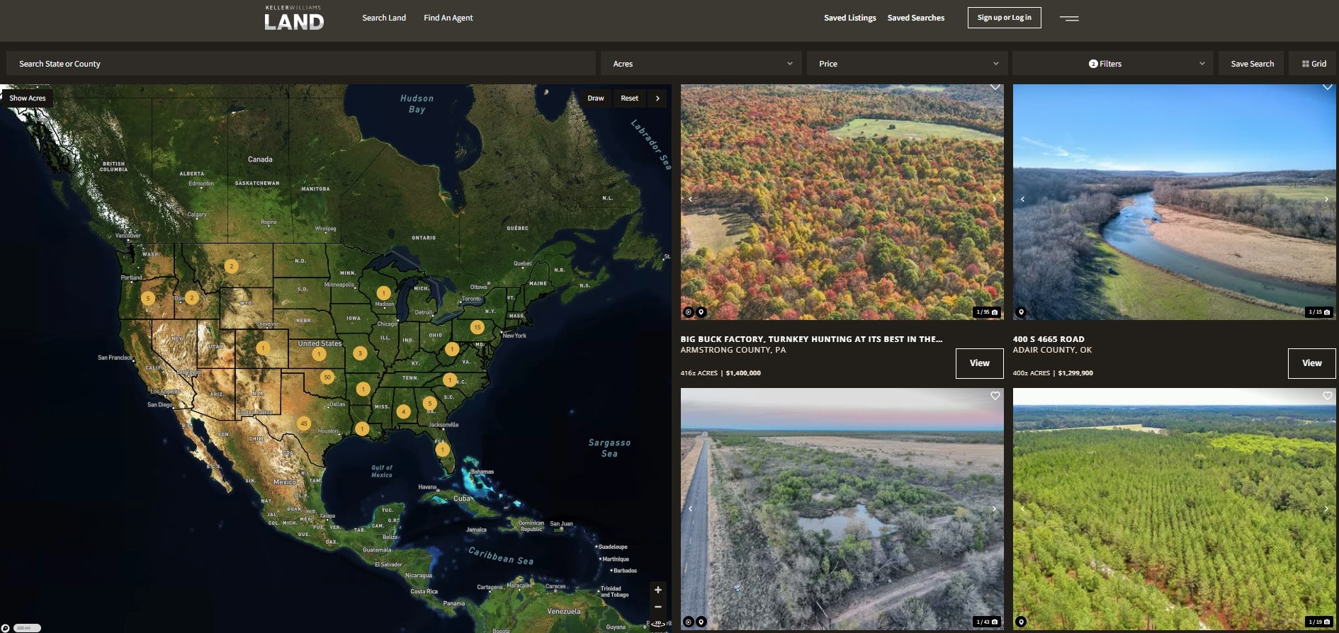 Screenshot of the KWLand.com interactive properties map displaying hunting land for sale, showcasing investment opportunities in various locations. 