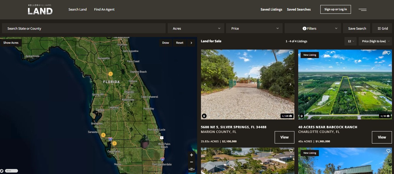 Interactive properties map showing Florida land for sale.