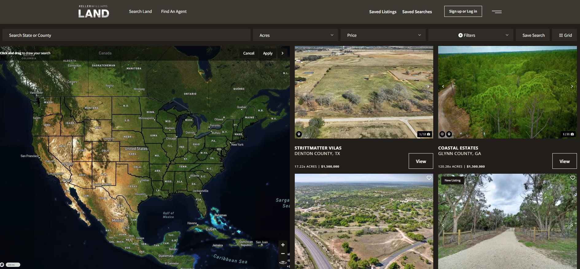 KWLand.com’s interactive land search tool showing a satellite map of the U.S. alongside property listings with filters for state, acreage, and price—demonstrating the platform’s intuitive design for finding vacant land for sale in the U.S.