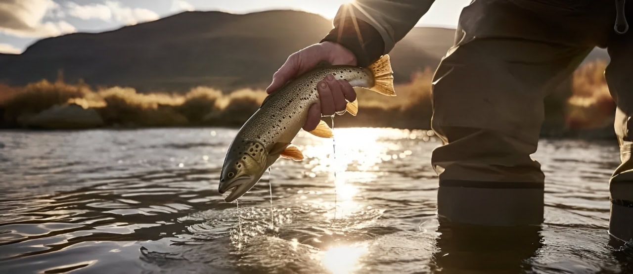 Fly fisherman standing in a river at sunset holding a trout, a scenic example of what is fly fishing in action.